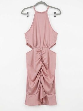 AREA Dusty Rose Cutout Halter Midi Dress with Ruched Front